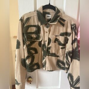 Obey Beige and Dark Green Corduroy Graffiti Cropped Jacket Shacket